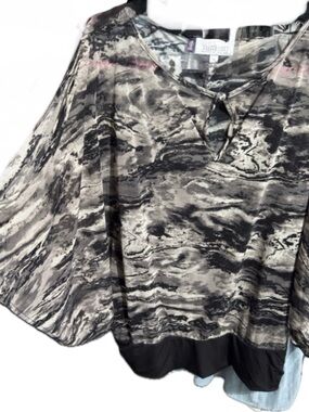 Jennifer Lopez Marble-Print Cold-Shoulder Blouse in Black and Gray